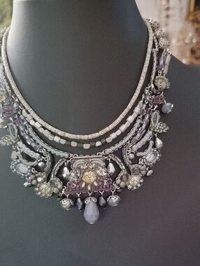 AYALA BAR Statement Silver/Gray Purple Multistrand Bib Necklace